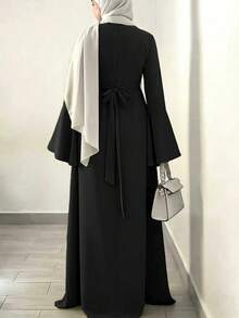 Olive Green Loose Long Sleeve Elegant Women's Dress, Casual Daily Wear Black - Black - View 2