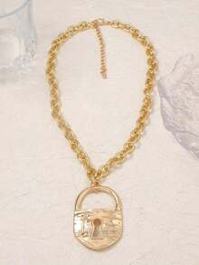 1pc Vintage Personalized Casual Fashion Distressed Gold Lock Embossed Design Thick Chain Necklace, Elegant Necklace Accessory For Women - vòng cổ hình ổ khóa - Xem 4