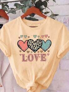 Camiseta Casual de Poliéster para Mujer, Cuello Redondo, Manga Corta, Largo Regular, con Estampado de Leopardo y Gráfico de Corazón, Camisetas Gráficas de Verano para Mujer - Albaricoque - Ver 2