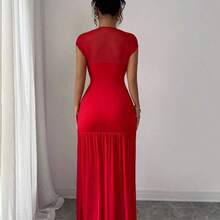 Elenzya New Fashionable Solid Red Mini Stand Collar Sleeveless Sexy Hollow-Out Mesh Splice Pleated A-Line Maxi Dress For Women, Suitable For Graduation Party, Holiday, Date - Amarillo - Ver 3