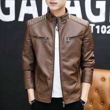 Men's PU Leather Jacket Slim Fit Motorcycle Style Zip Up Casual Outerwear For Spring Autumn Winter - 黑色 - 查看 5