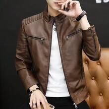Men's PU Leather Jacket Slim Fit Motorcycle Style Zip Up Casual Outerwear For Spring Autumn Winter - 黑色 - 查看 2