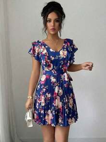 Vestido corto de vacaciones para mujer, estampado floral azul, cuello en V con volantes y falda plisada, elegante y romántico - Multicolor 4 - Ver 5