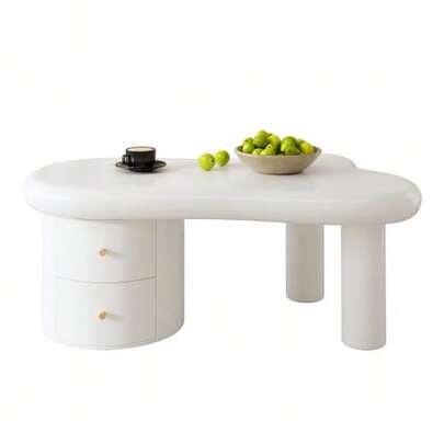 Modern White Coffee Table With Irregular Shape – 2 Drawers, Space-Saving, Elegant, Stable – Perfect For The Living Room And For Multifunctional Use.