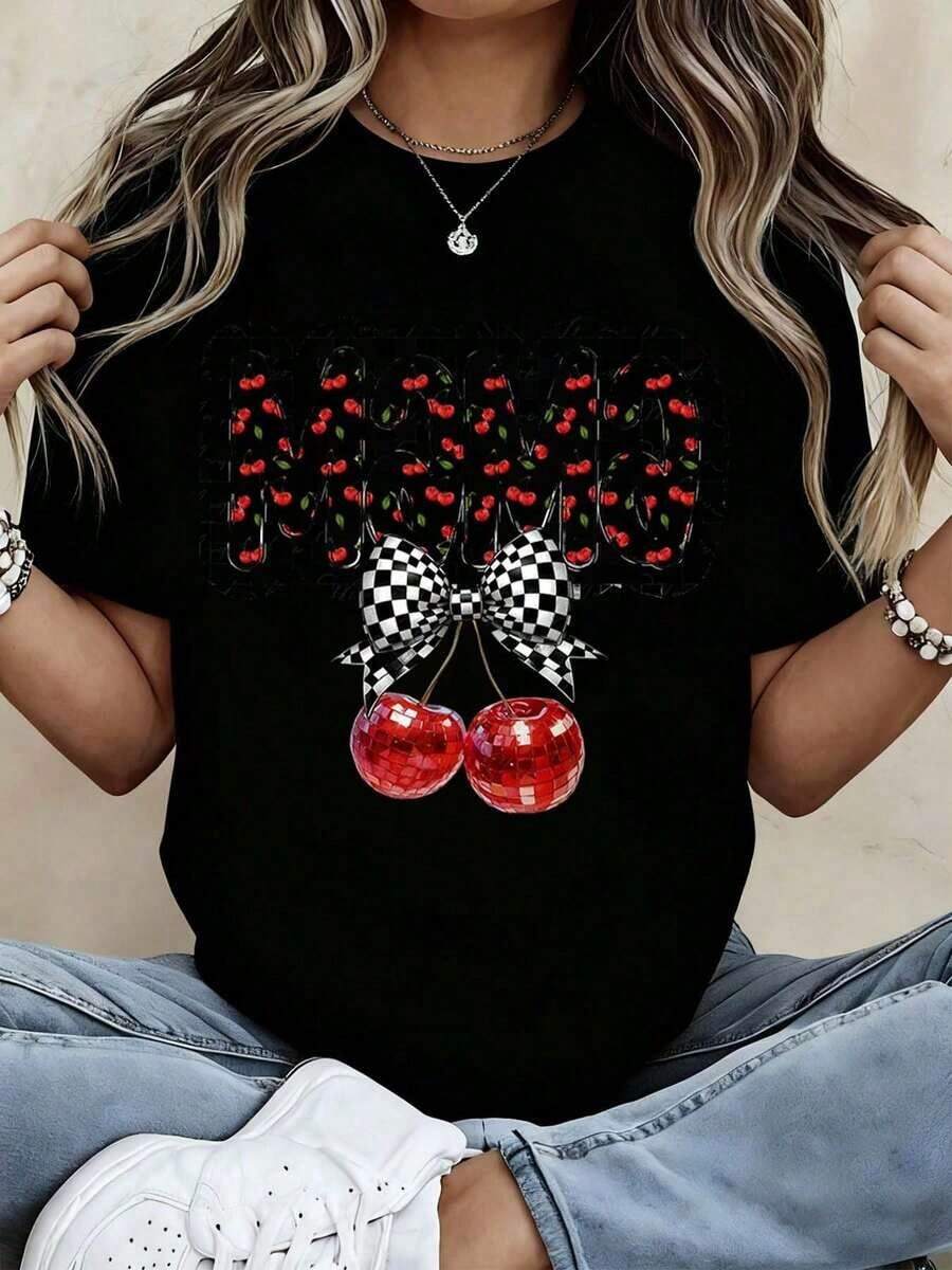 Women's Black Cherry Print T-Shirt, Cute Summer T-Shirt With Plaid Bow And Red Cherry Design, Casual Short Sleeve Crew Neck T-Shirt, Graphic T-Shirt For Everyday Wear - Unisex Loose Fit Cotton Short Sleeve Crew Neck Urban Vintage Style T-Shirt. - 黑色 - 查看 1
