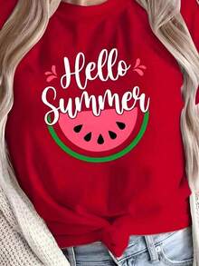 PLAYERA BLUSA DE CUELLO REDONDO PARA DAMA CON ESTAMPDO DE HELLO SANDIA PERFECTA PARA CASUAL GYM-Vintage Street Style Unisex Loose Cotton Short Sleeve Crew Neck T-Shirt - Rojo - Ver 3