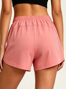 AHTELB Pantalones cortos deportivos de moda casual para mujer, con forro negro ajustado, diseño con cremallera antirrobo, diseño con cordón oculto, shorts de yoga de seda de hielo transpirables y elásticos, adecuados para el transporte diario, el ocio y el entrenamiento en el gimnasio - Rosa Roja - Ver 5