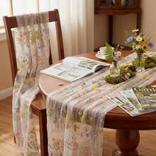 1pc French Retro Floral Embroidered Lace Table Runner, Chiffon Ruched Fabric Dessert Table Decor, Wedding Birthday Atmosphere Tablecloth - Multicolor - View 4