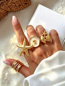 4pcs Vintage Elegant Fashion French Bohemian Geometric Asymmetrical Hollow Line Wrapped Drip Oil Imitation Starfish Shell Decorative Ring Set, Personalized High-End Stackable Rings Suitable For Women, Summer Beach Holiday Party Date Daily Wear Gift - Multicolor - View 2