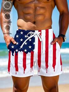 Herren-Strandshorts mit amerikanischer Flagge und Tropfenfarben-Muster, patriotische Sterne-und-Streifen-Badehose mit Kordelzug, rot-weiß-blaue Feiertags-Strandhose - Weiss - Übersicht 2