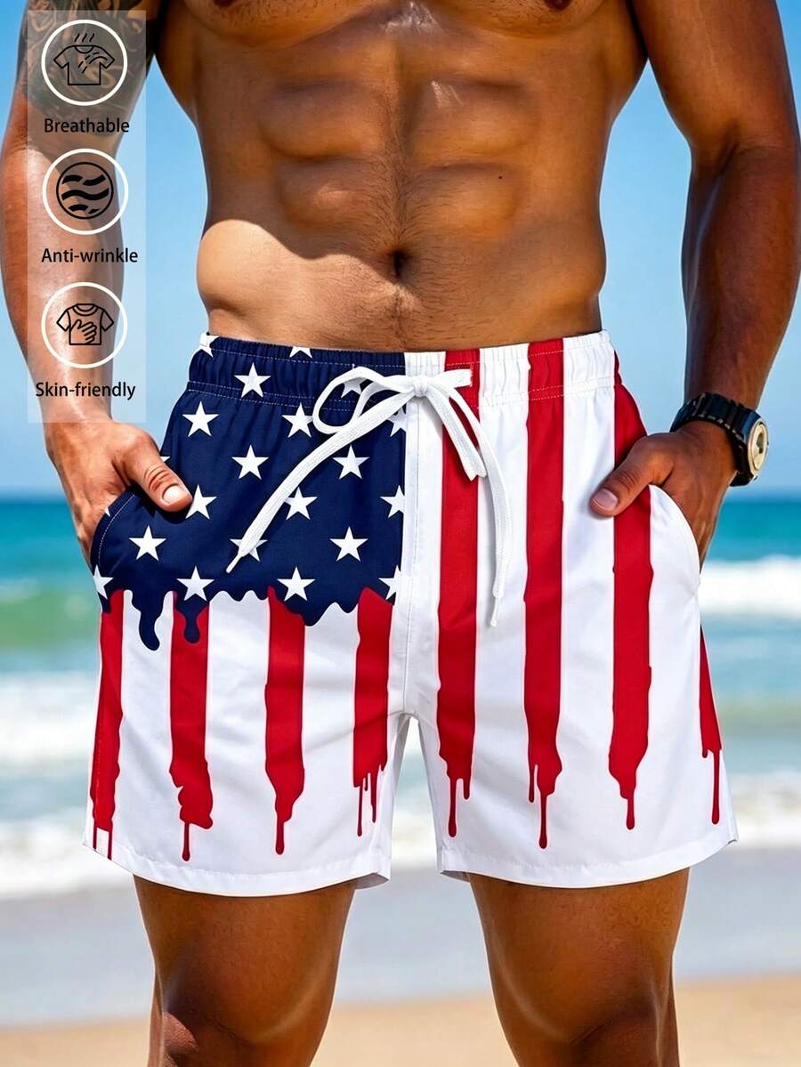 Herren-Strandshorts mit amerikanischer Flagge und Tropfenfarben-Muster, patriotische Sterne-und-Streifen-Badehose mit Kordelzug, rot-weiß-blaue Feiertags-Strandhose
