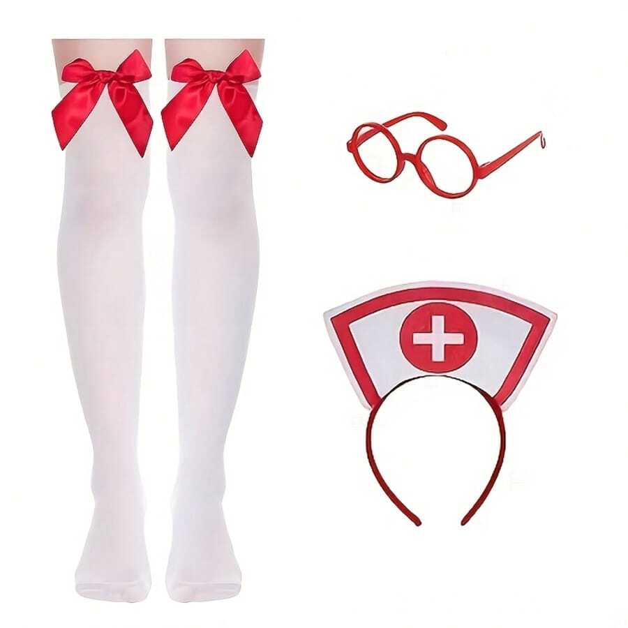 Bộ trang phục y tá nữ - Băng đô ống nghe màu đỏ, kính và tất cao đến đùi - Thích hợp cho Halloween, cosplay và nhập vai y tá. - Nhiều màu - Xem 1