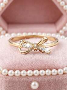 1 chiếc nhẫn đính hôn nữ, nhẫn trang trí nơ ngọt ngào và dễ thương, thích hợp cho đám cưới, tiệc tùng, đeo hàng ngày và làm quà tặng ngày lễ. - Vàng - Xem 8