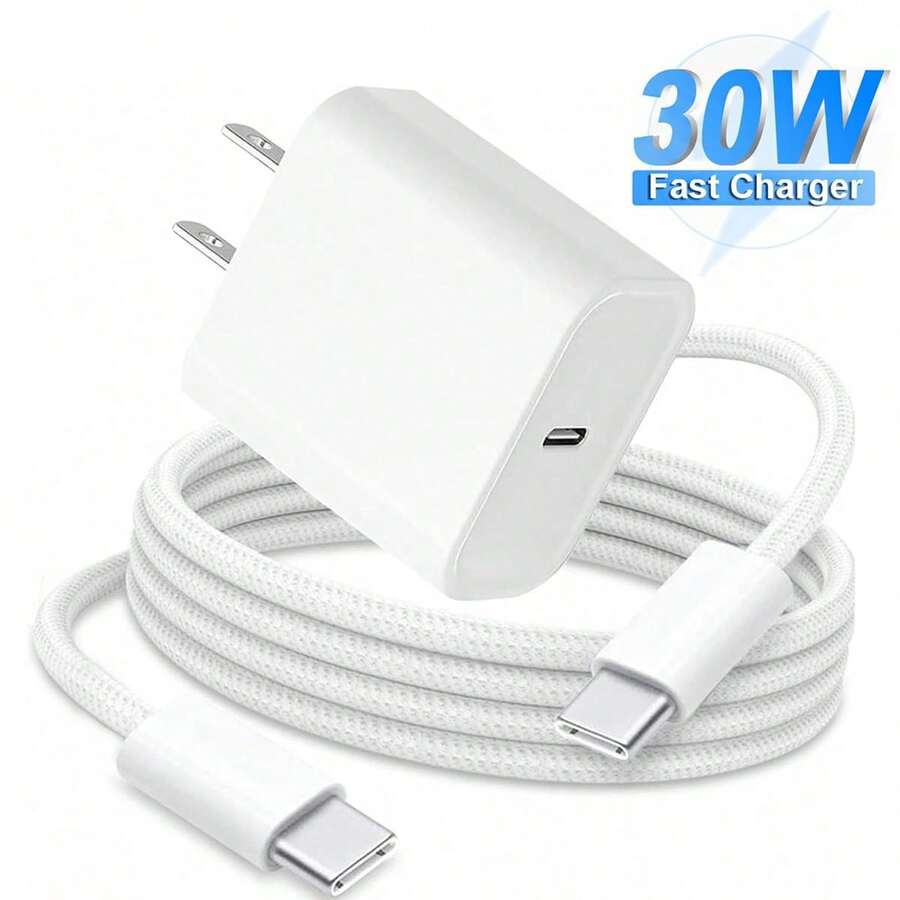 Cargador de pared USB-C de 30W + Cable de carga rápida USB-C a USB-C trenzado de nailon de 3.3ft/100cm, compatible con iPhone 17 Pro Max/17 Pro/17/16 Pro Max/16 Pro/16 Plus/16/15 Pro Max/15 Pro/15 Plus/15 - Tipo de Enchufe A USA (110-127V) - Ver 1