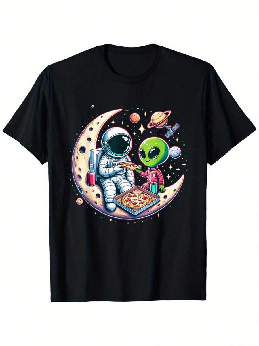Funny Astronaut And Alien Pizza Party T-Shirt - Unisex Cotton Outdoor T-Shirt, Black With Vibrant Space Design, Sizes S-XXXL, Perfect For Casual Wear, Hiking And Everyday Fun - 黑色 - 查看 1