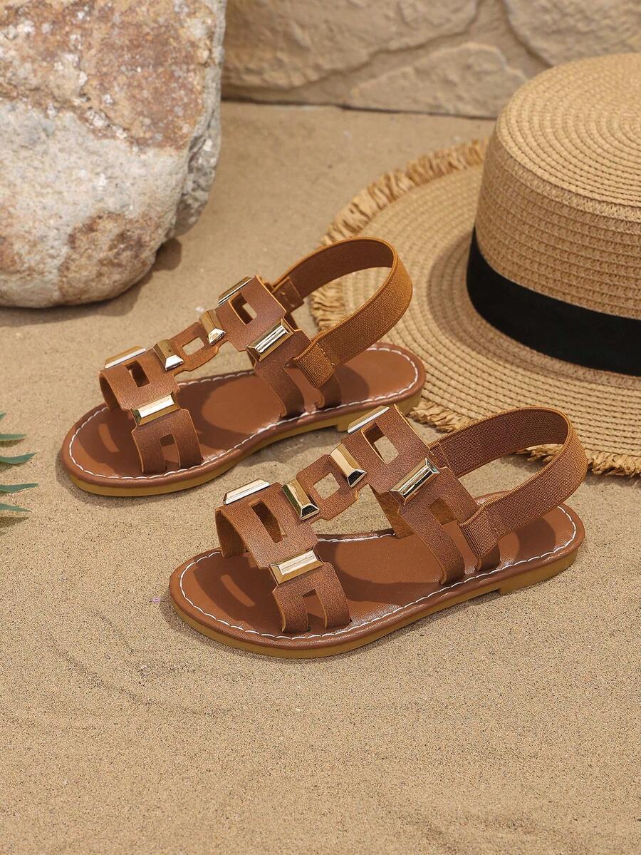 1 Pair Brown Plus Size Children's Flat Sandals, Solid Color Soft PU Hollow Fabric + Gold Rhinestone Decor, Classic Open Toe Soft Non-Slip Slip-On Design, Suitable For 3-12 Years Old Girls, Fashion Elegant Beach/Holiday/Party Wear, Spring/Summer 2026 - Brown - View 1