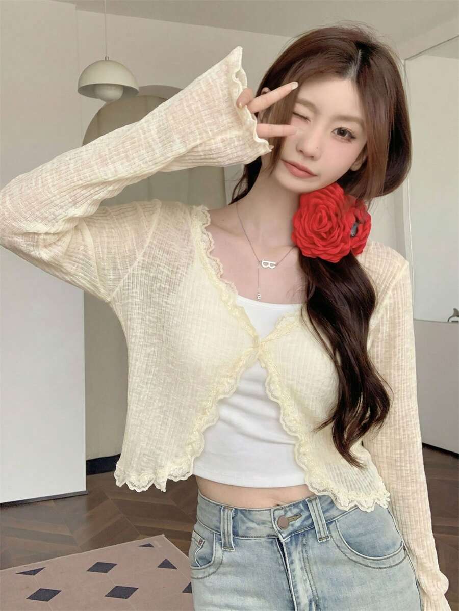 女款藍色蕾絲飾邊V領罩衫,可愛返校季夏季披肩,輕便外搭黃色 - 黃色 - 查看 1