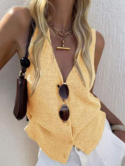 Women's V Neck Knit Vest, Plain Loose Casual Outerwear, Single-Breasted Sleeveless Design, Versatile Summer Fashionable Top