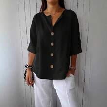 Camisa holgada de verano para mujer, Top con botones de lino y algodón con cuello en V, camisas informales, moda sólida, ropa elegante de oficina para mujer, blusa 2025 - HY6519 Negro - Ver 5