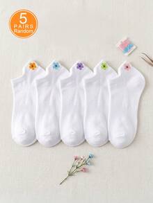 1/5 par damers båtsockor med ögleform för öronen, slumpmässig blombroderi och enfärgad design, mode för vår/sommar, mjuka, bekväma, andningsbara, avslappnade och mångsidiga, lämpliga för daglig användning - Multifärgad - Visa 9