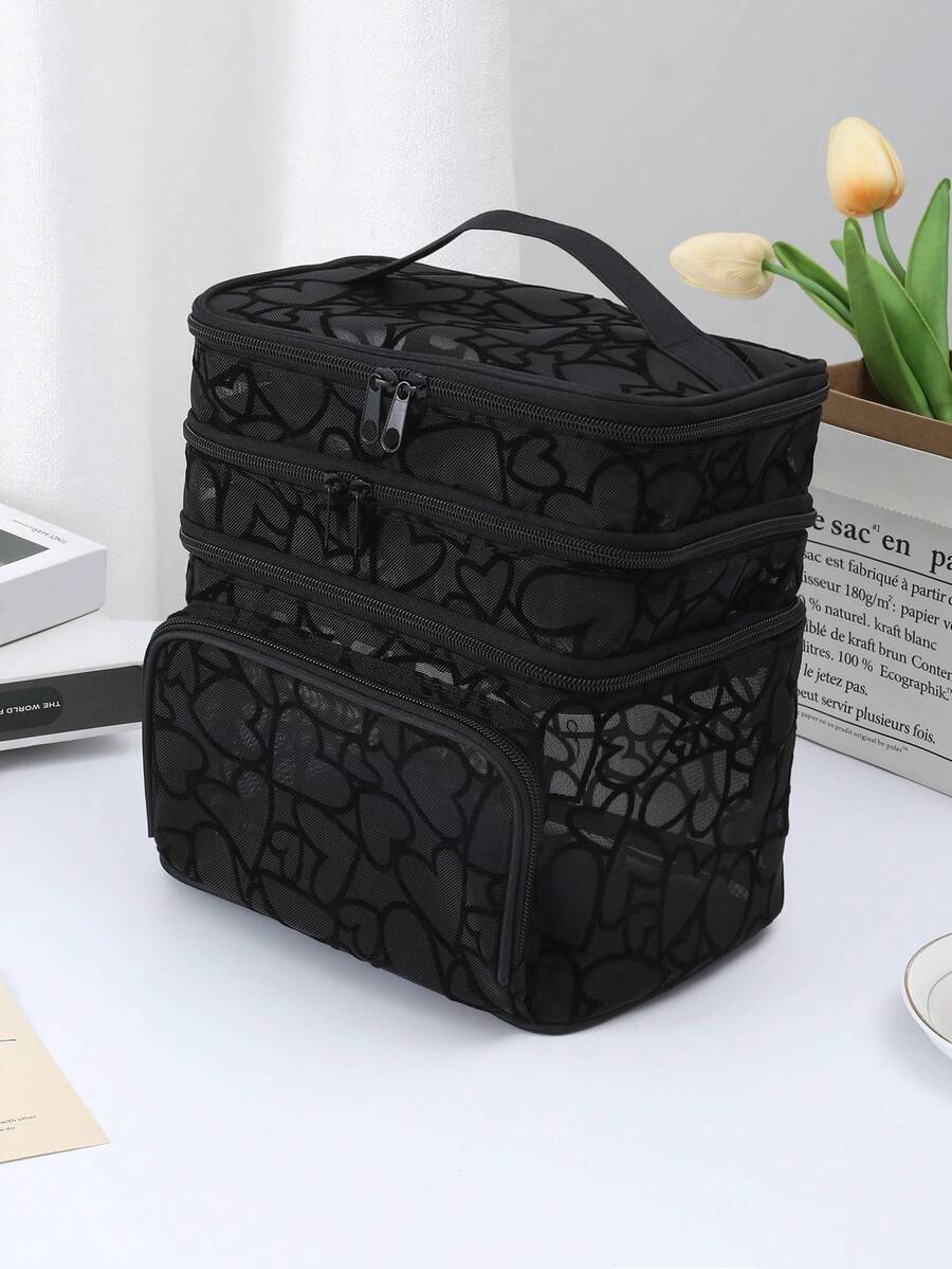 Black Minimalist Fashion Mesh Heart Pattern, Large Capacity Multi-Function 3-Layer Makeup Bag, Single Handle Multi-Pocket Convenient Design, Foldable Storage Bag, Compartment Storage - Black - View 1