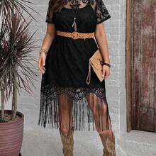 LUNE Plus Size Lace Fringe Hem Vacation Dress For Summer,Beach Dress Sundress,Holiday Outfits Boho - Burdeos - Ver 4