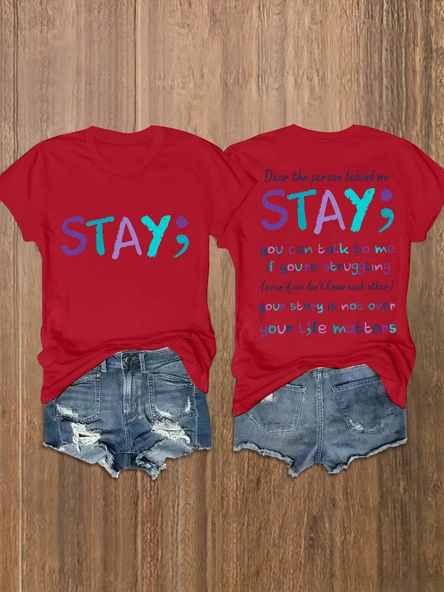 GiftGiftCamisetas Gráficas de Manga Corta con Estampado de Doble Cara 'STAY', Talla Grande, Cuello Redondo, Camiseta de Moda, 100% Algodón, Suave - Rojo - Ver 1