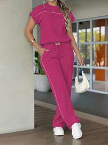 Women's New Solid Color Minimalist Round Neck Short Sleeve Top And High Waist Straight Leg Pants 2-Piece Set, Spring/Summer Elegant - Rose Red 50 - View 2