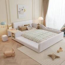Upholstered Children's Bed With Desk And Stool, With Storage Shelf, Soft Headboard, Children's Bed With Wooden Slatted Base, Velvet, White, 140x200cm - White - View 2