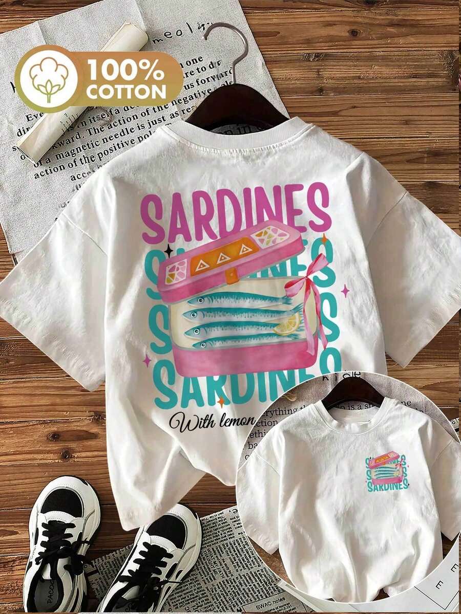 [Double Side Print] Women's Casual Tops For Spring And Summer, Fresh Style With Sardines, Lemon And Olive Oil Print, Round Neck, Short Sleeve, Fashion T-Shirt [Chu K]-T Shirt Damen - White - View 1