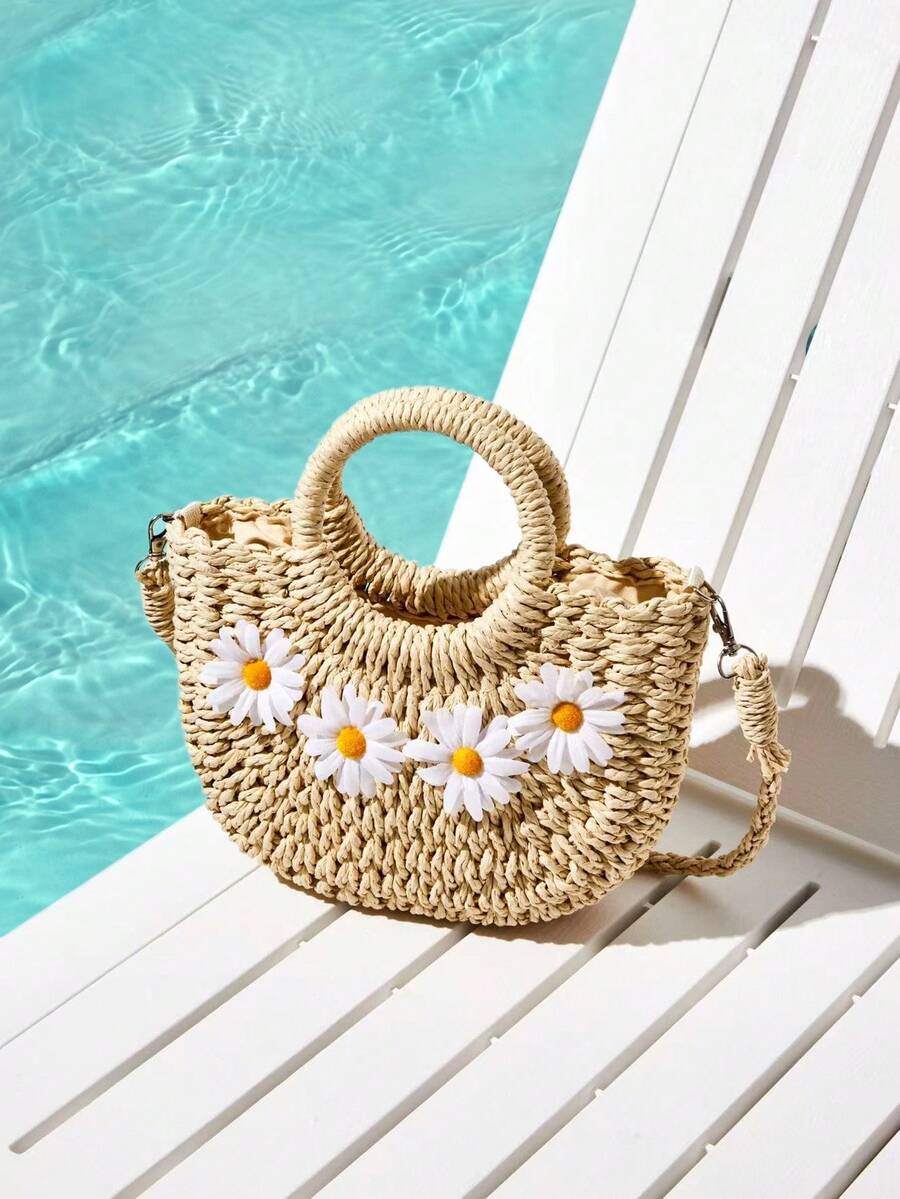 Trivaya Mini Straw Woven Crossbody Shoulder Bag Daisy Decor Purse Handbag Summer Bag,Perfect For Summer Beach Travel Vacation - Beige - View 1