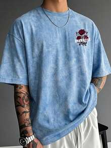 Zrgoth Men's Casual Versatile Rose Flower Print Short Sleeve T-Shirt - Baby Blue - View 2
