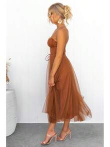 KZKZWK Cami Tulle Midi Dress With Corset Bodice, Sweetheart Neckline, Tie Waist Detail, Flared A-Line Skirt, Bridesmaid & Formal Party Wear - 黃色 - 查看 3