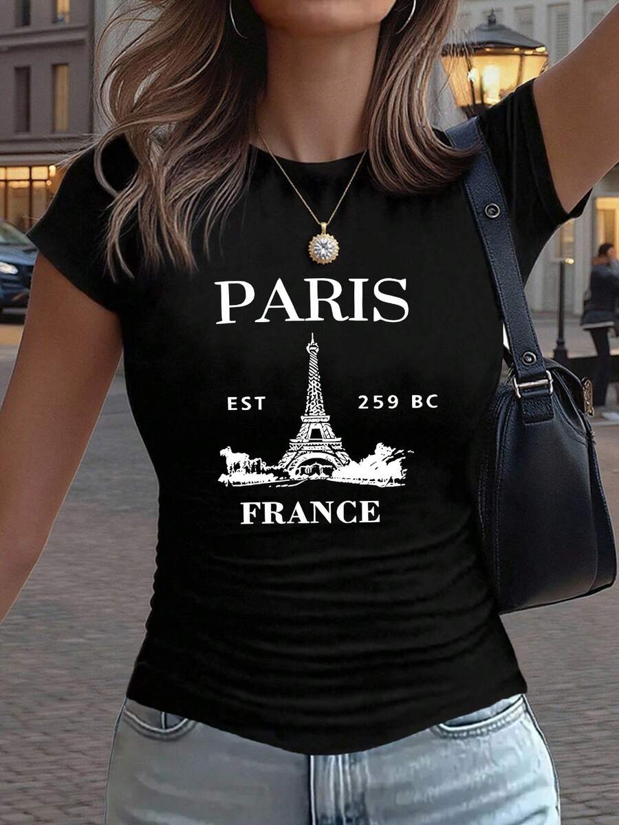 GiftGift Women's Short Sleeve T-Shirt With Round Neck And Ruffled Waist, Y2K Style, Eiffel Tower Art Print, Solid Color, Slim Fit, Casual, Sizes XS-XXL, 100% Cotton, Soft. - 黑色 - 查看 1