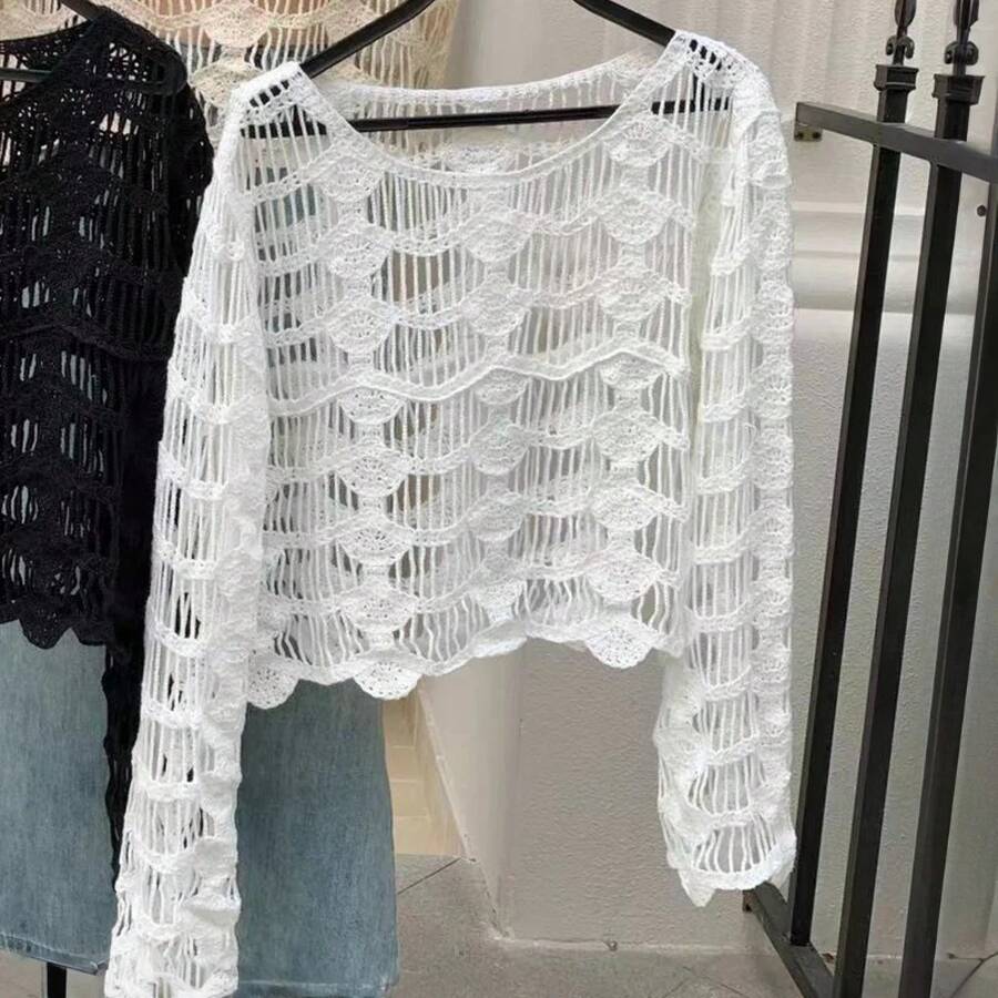 Top de ganchillo de manga larga para mujer, suéter de punto calado transparente, Jersey corto ahuecado, traje de playa de vacaciones Boho, primavera y verano - BLANCO - Ver 1