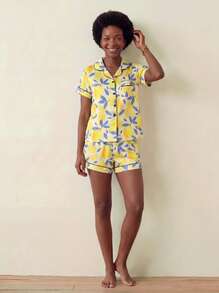 Marira 2pcs Women Fruit Lemon Print Pajama Set, Collared Short Sleeve Top And Loose Shorts, Vacation Style, Holiday Party Sleepwear, Casual Women Pajamas And Loungewear - Yellow - View 5