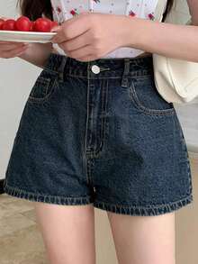 Shorts vaqueros casuales de verano tipo A-line para mujer, shorts vaqueros sexy y elegantes - Azul lavado oscuro - Ver 6