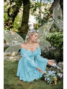 Vestido de Hada Renacentista para Mujer, Verano 2026, Estilo Boho, Hombros Descubiertos, Corsé Fluido, Vestidos Mini - Azul claro - Ver 6