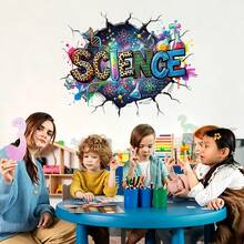 2Pcs Back To School Science Wall Sticker For Classroom Decor – 2D Broken Wall Science Theme Decal With Beakers, Atoms – Kids Room, School Supplies, Educational Wall Art For Teachers & Students​ - 2 packs - View 1