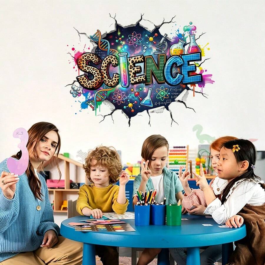 2Pcs Back To School Science Wall Sticker For Classroom Decor – 2D Broken Wall Science Theme Decal With Beakers, Atoms – Kids Room, School Supplies, Educational Wall Art For Teachers & Students - 2 packs - View 1