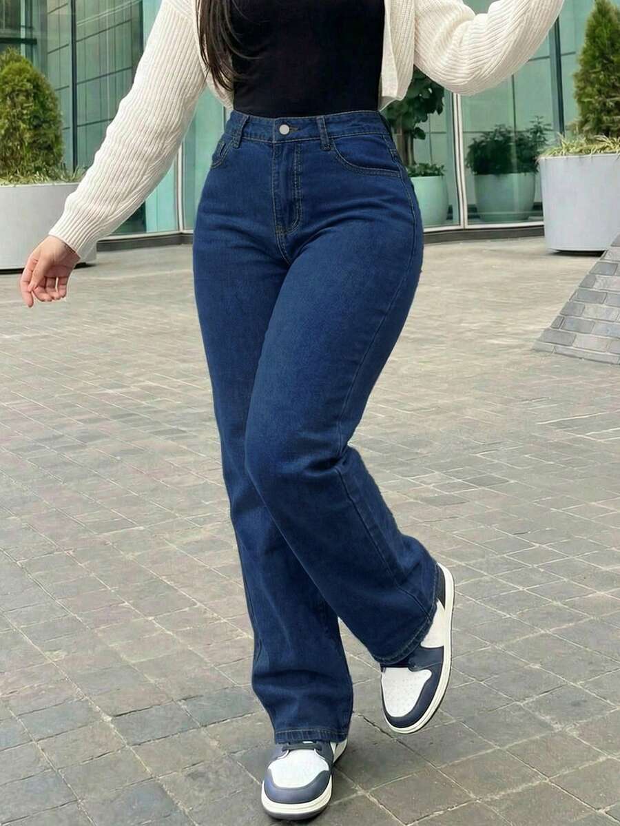 Women's Vintage Loose Boyfriend Straight Leg Jeans - Dark Wash - View 1