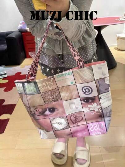 Multi-Print Fabric Tote Bag, Large-Capacity Work Bag With Collage Graphic Design And Leopard Print Straps. Ideal For Office Commutes, Campus Days And Daily Errands. Perfect For Students, Office Ladies And Young Girls, Soft Texture And Bold Pattern Deliver Playful, Eye-Catching Charm