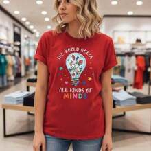 Nueva Camiseta Casual de Verano para Mujer de Algodón con Estampado "The World Needs All Kinds Of Minds", Tallas S-5XL, Uso Diario Casual, Camiseta Gráfica Negra, Tela Suave y Cómoda, Corte Holgado, Cuello Redondo, Diseño de Concientización sobre el Autismo, Top de Moda para Damas - Camiseta Unisex de Algodón de Manga Corta y Cuello Redondo Estilo Vintage Urbano. - Rojo - Ver 6