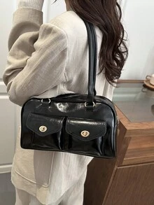 1件装简约复古拉链装饰双提手女士日常休闲通勤手提包 - 黑色 - 查看 5