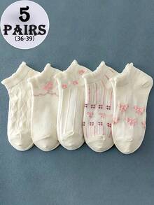 1/5 Pair Random Women Milky White & Pink Bowknot Frill Edge Soft High Elasticity Non-Binding Cute Casual Boat Socks - Multicolor - View 5