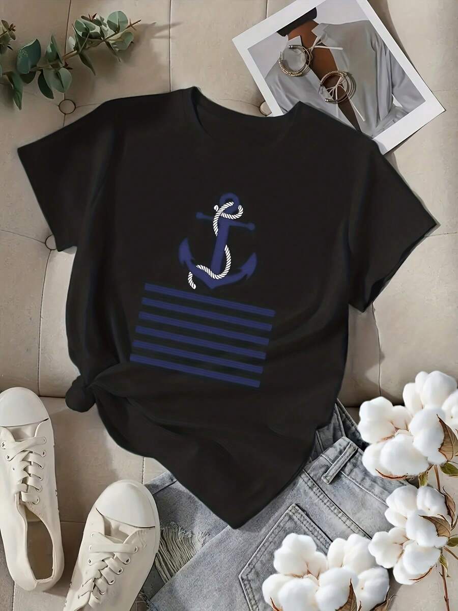 Summer Tops: A Print Design Featuring Nautical Anchors And A Striped Sailboat Pattern. This Is A Short-Sleeved, Casual Top With A Round Neck, Suitable For Spring And Summer. This Breathable Summer T-Shirt Is A Women's T-Shirt That Combines Spring Fashion With The Feel Of A Cotton T-Shirt And A Summer Outfit. - Black - View 1