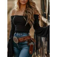 Women's Western Cowgirl Off-Shoulder Fringe Top, Sexy Slim Fit Long Sleeve, Soft Breathable Vintage For Festival Party & Daily Casual Wear - Black 2 - 查看 6