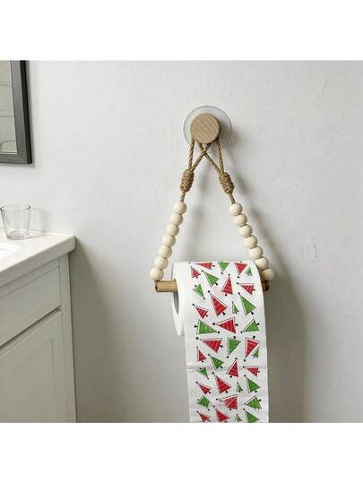 1Pc Toilet Paper Holder – Rustic Style Jute Rope And Wood Beads Combination For Bathroom Accessories, Nordic Log Style Towel Rack For Guesthouse Decor, Beaded Wood Stick Tissue Holder For Roll Paper Storage