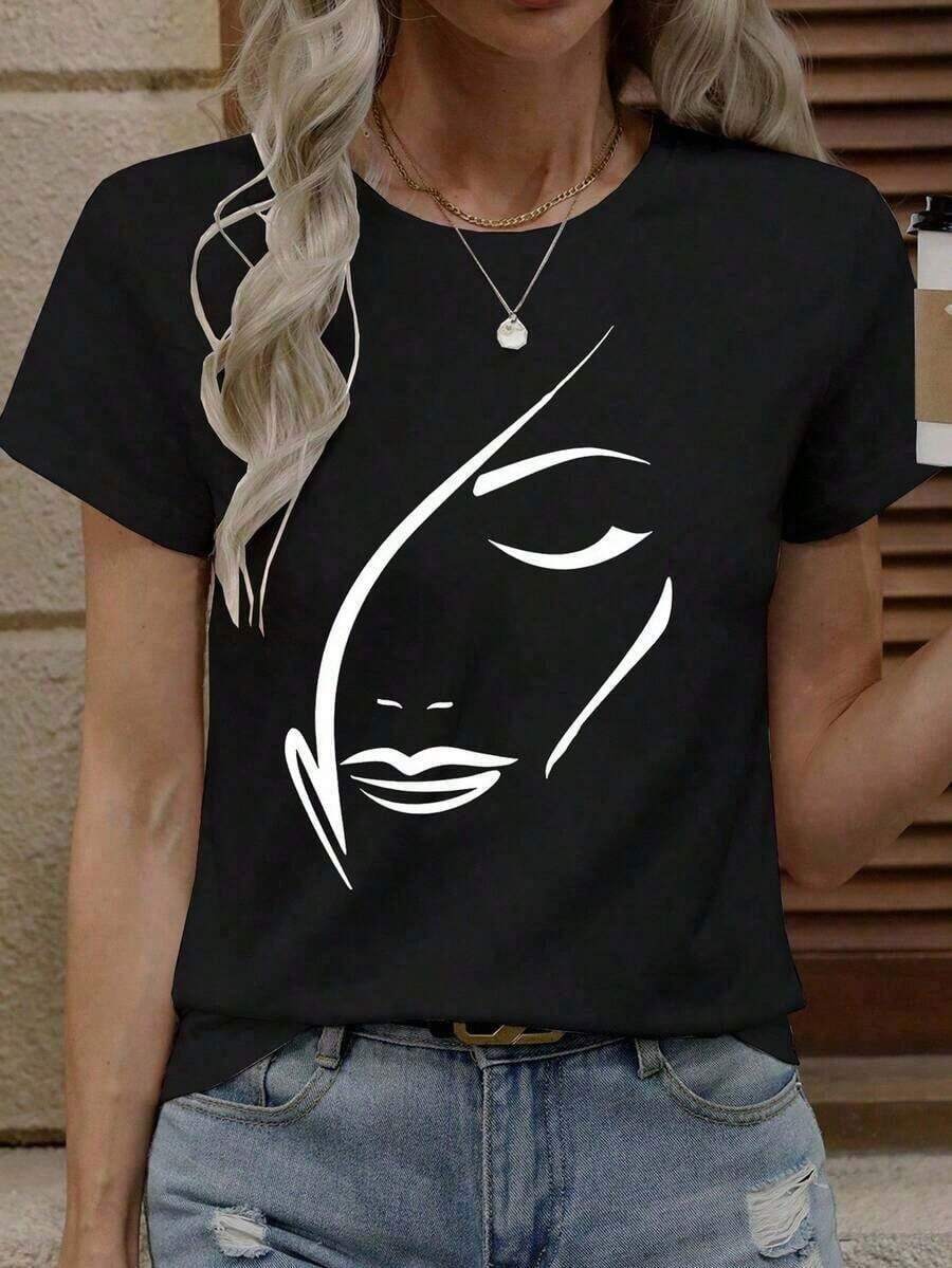Soft 100% Cotton T-Shirt, 1 Piece, Plus Size Fashion Blouses, Graphic Print Round Neck T-Shirt, Women's Graphic Tees, Breathable Cotton Blouse, Goes With Everything, Great. - 黑色 2 - 查看 1