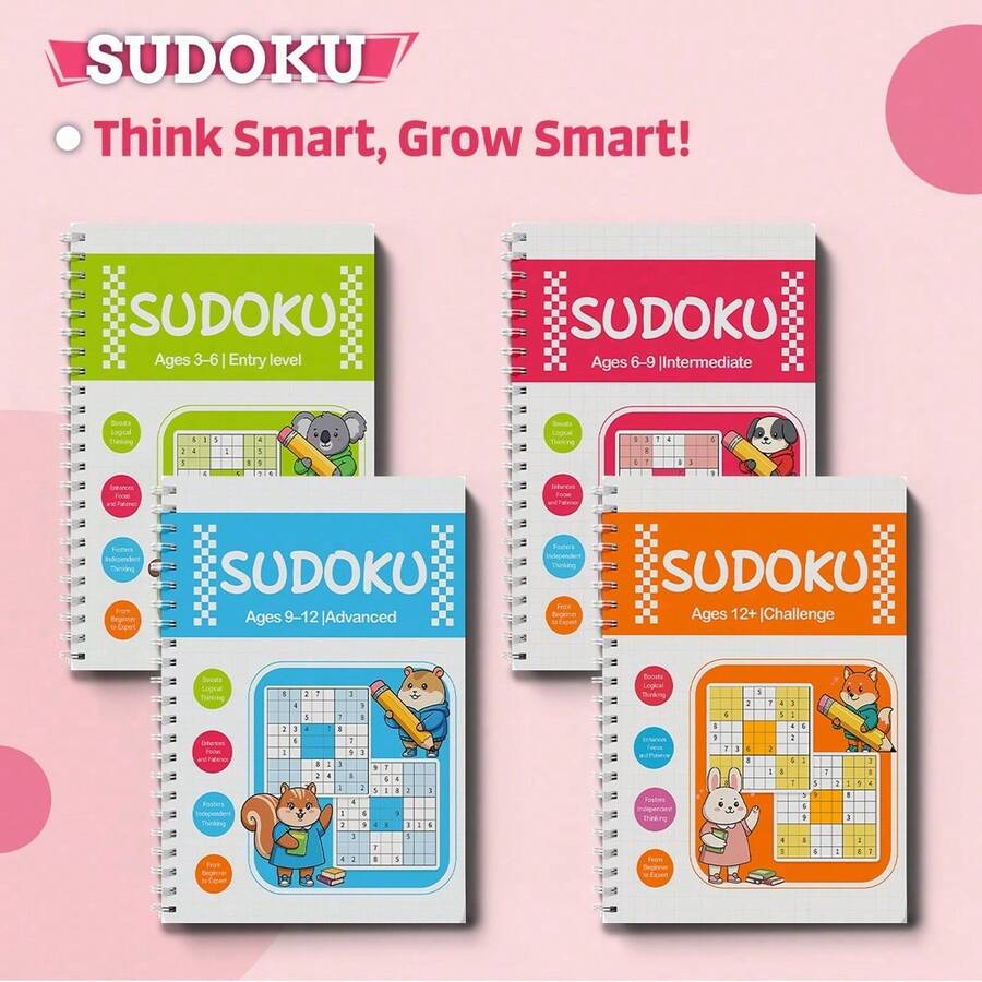 Bộ sách bài tập Sudoku - Trò chơi logic "Tư duy thông minh, phát triển lành mạnh", với hình ảnh các con vật dễ thương, giúp rèn luyện khả năng tập trung, tư duy phản biện, tính kiên nhẫn và sự tự tin trong kỹ năng giải quyết vấn đề. - Sudoku - Xem 1